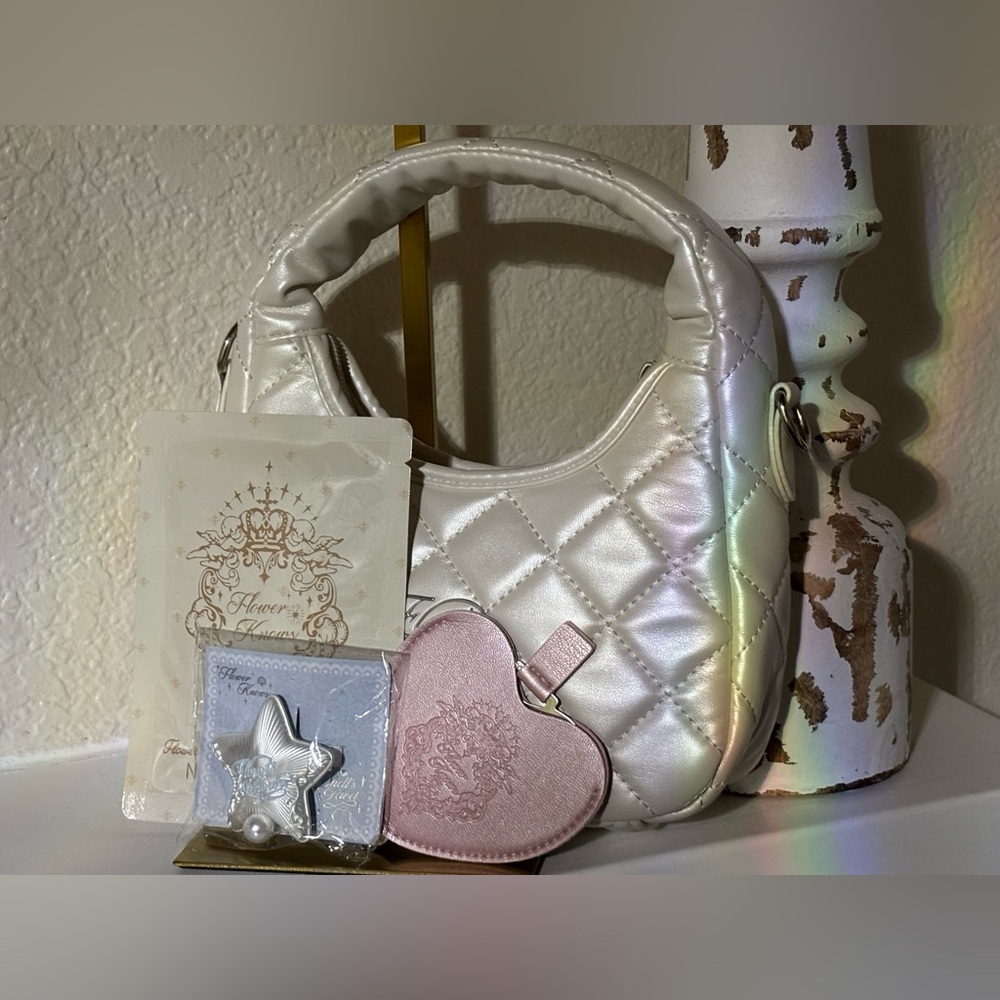 BUNDLE: 🌺🌺 Flower Knows Iridescent Quilted Shoulder Bag, Pink Mirror, Hair Clip